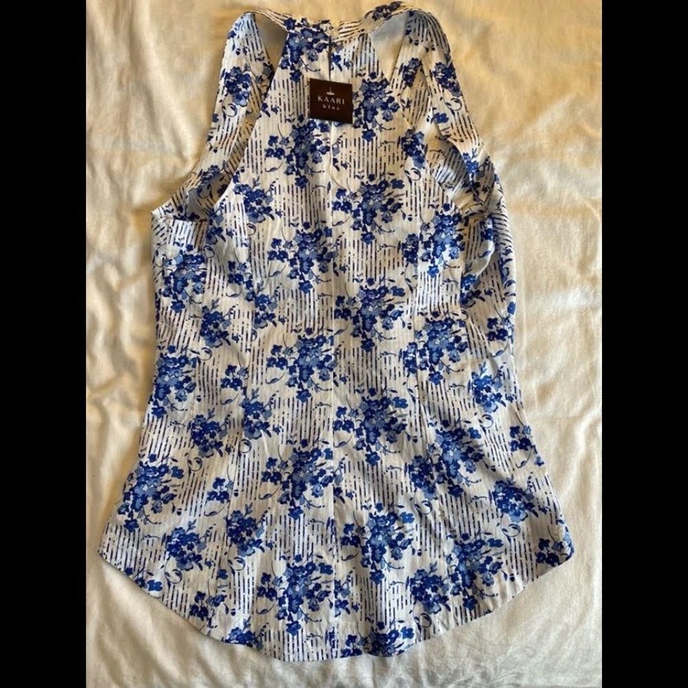Blue & White Floral Blouse with Tie Front Kaari 10 - Picture 2 of 5